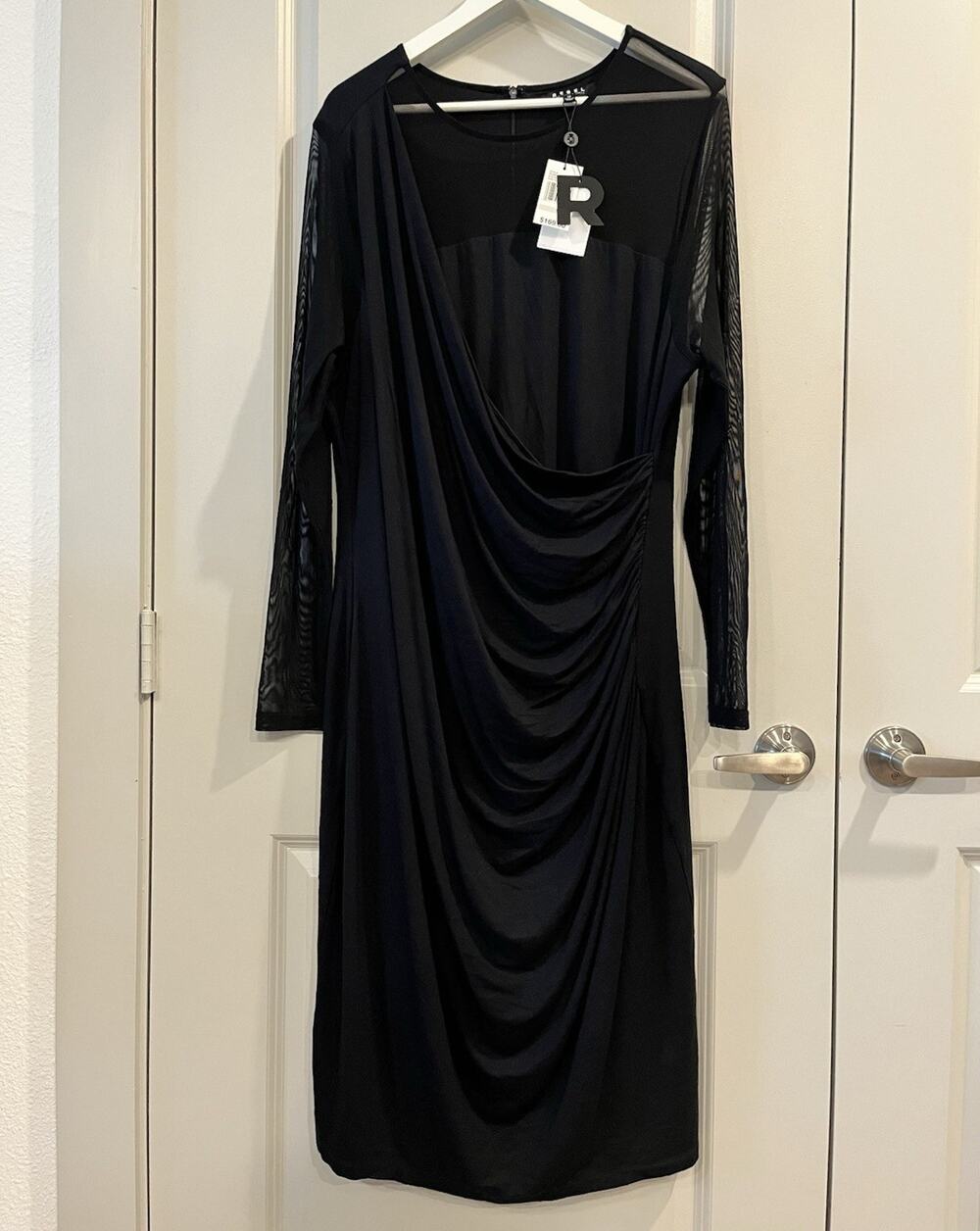 REBEL Black Sheer Mesh Bodycon Dress 1X Scoop Neck Long Sleeve Knee A1